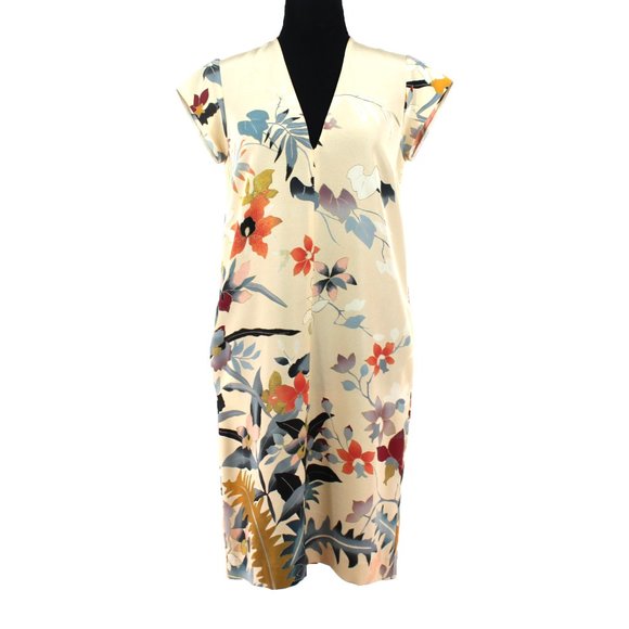 Etro Silk Pale Peach Floral Design V-Neck Knee Length Shift Dress 40 - Picture 1 of 8